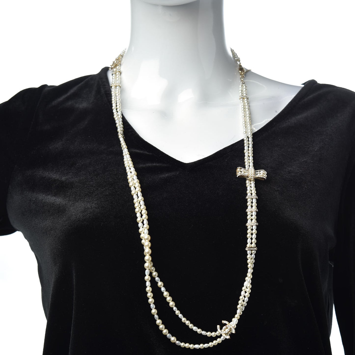 Crystal Pearl CC Bow Long Necklace Gold