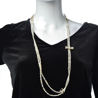 Chanel Crystal Pearl CC Bow Long Necklace Gold 2 of 5