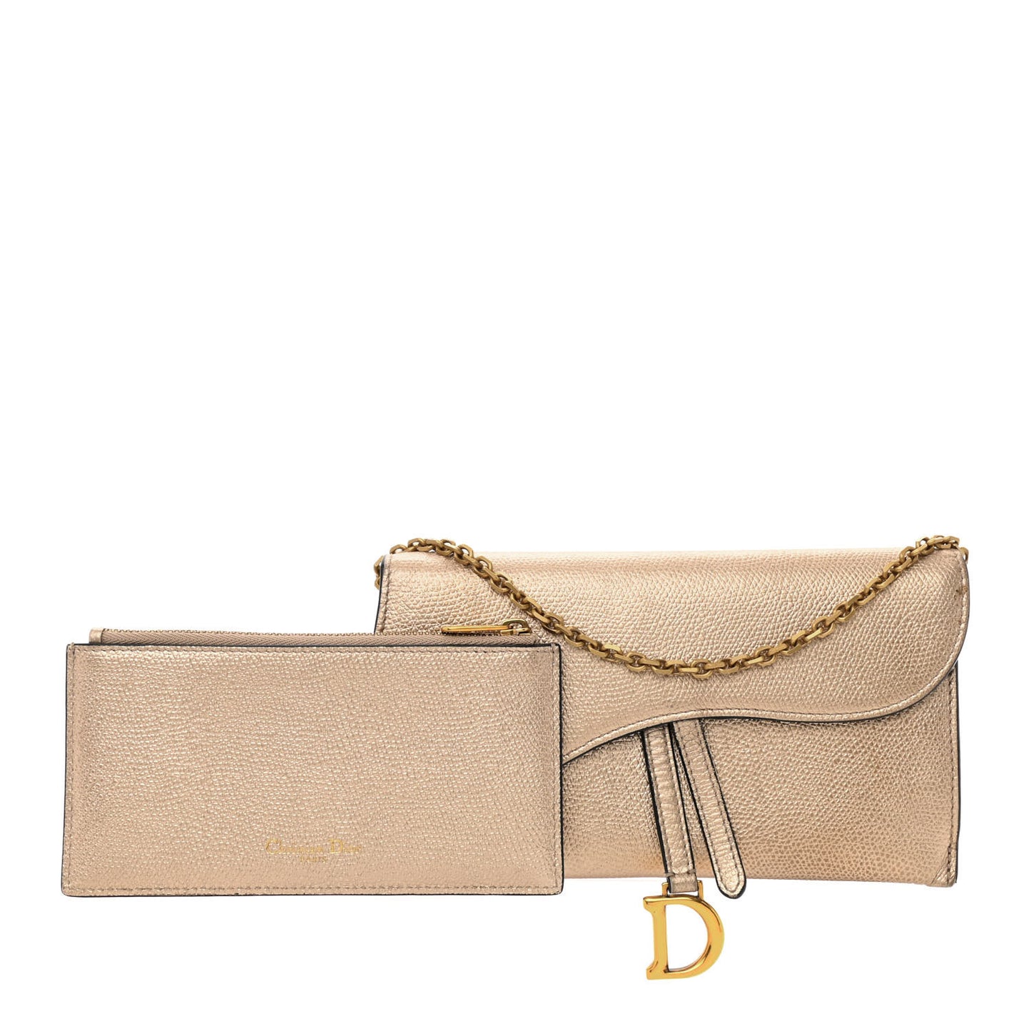 Metallic Grained Calfskin Saddle Chain Wallet Pouch