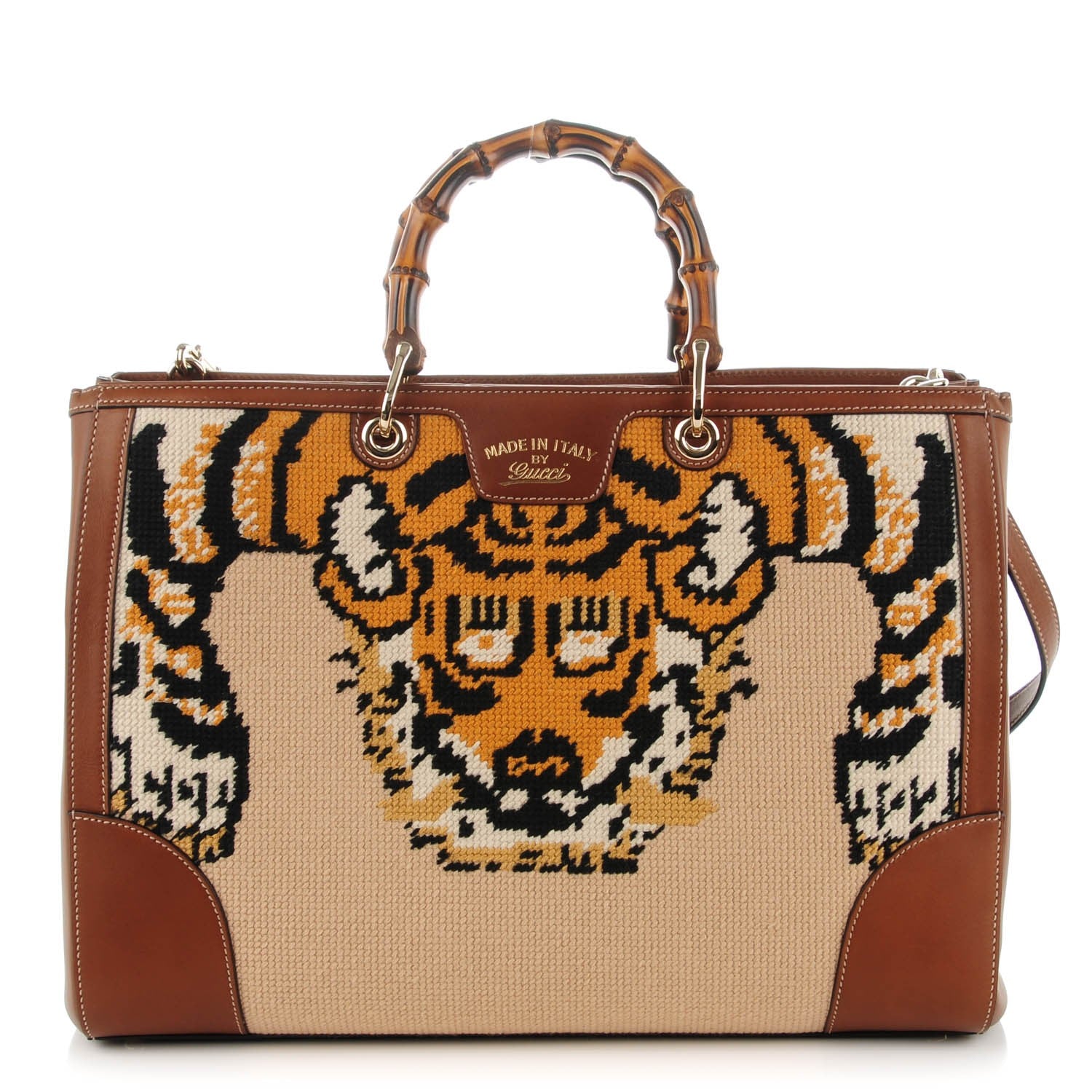Gucci Embroidered Large Bamboo Shopper Tote Brown 1 of 7