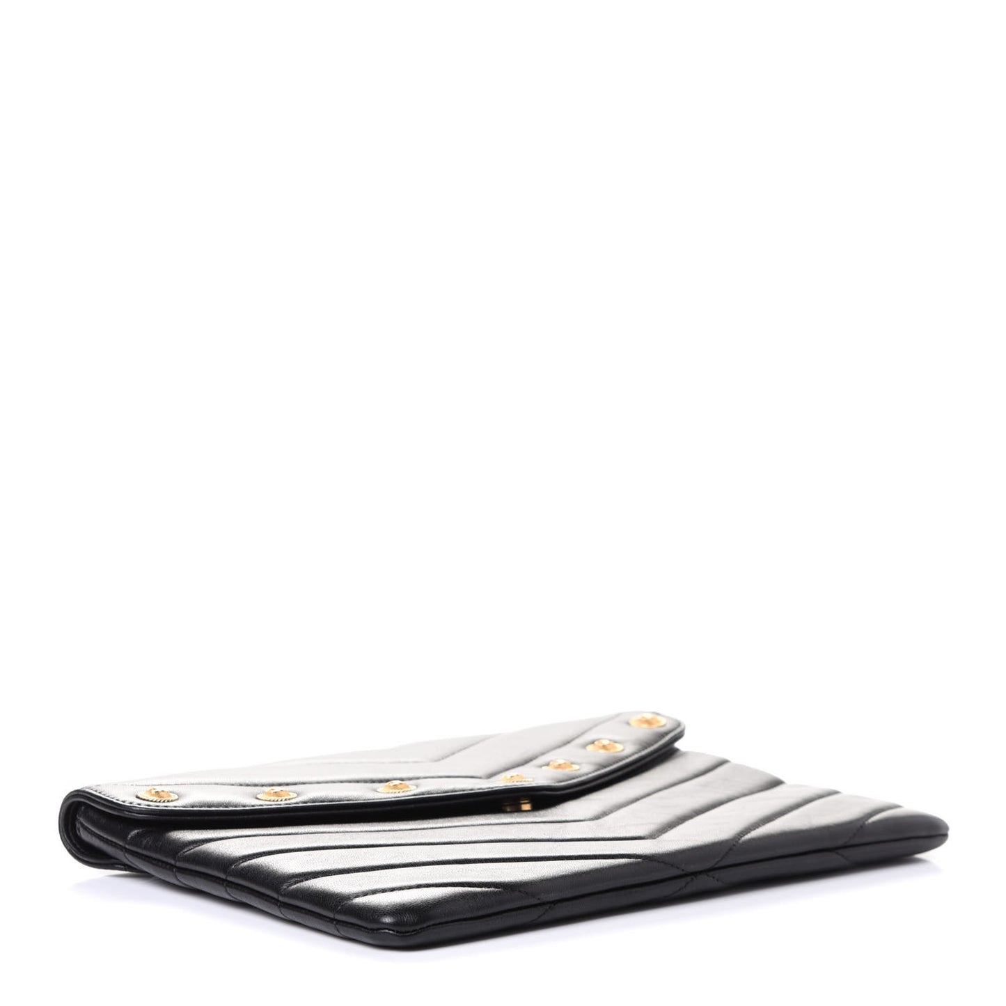 Calfskin Chevron Quilted CC Button Envelope Pouch Black