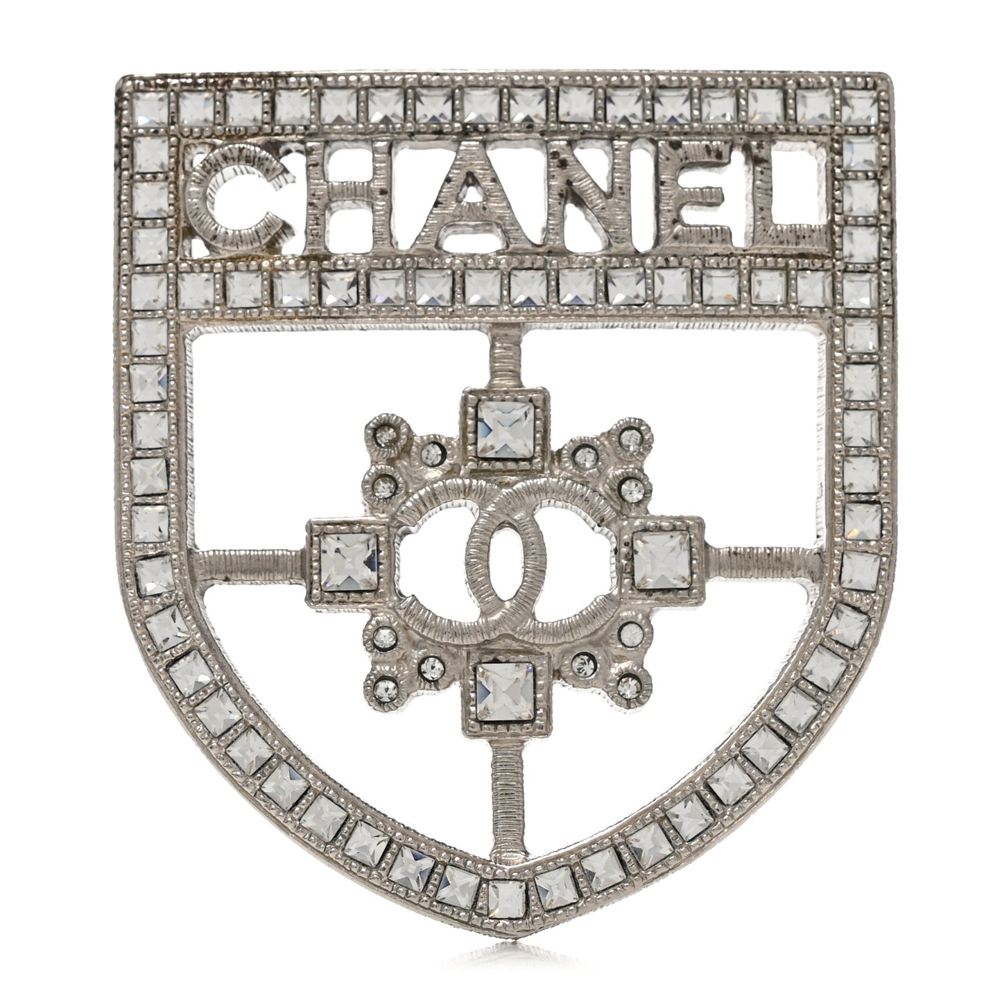Swarovski Baguette Crystal CC Shield Brooch Silver