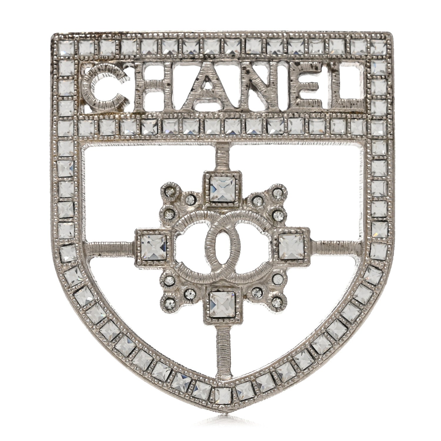 Chanel Swarovski Baguette Crystal CC Shield Brooch Silver 1 of 5