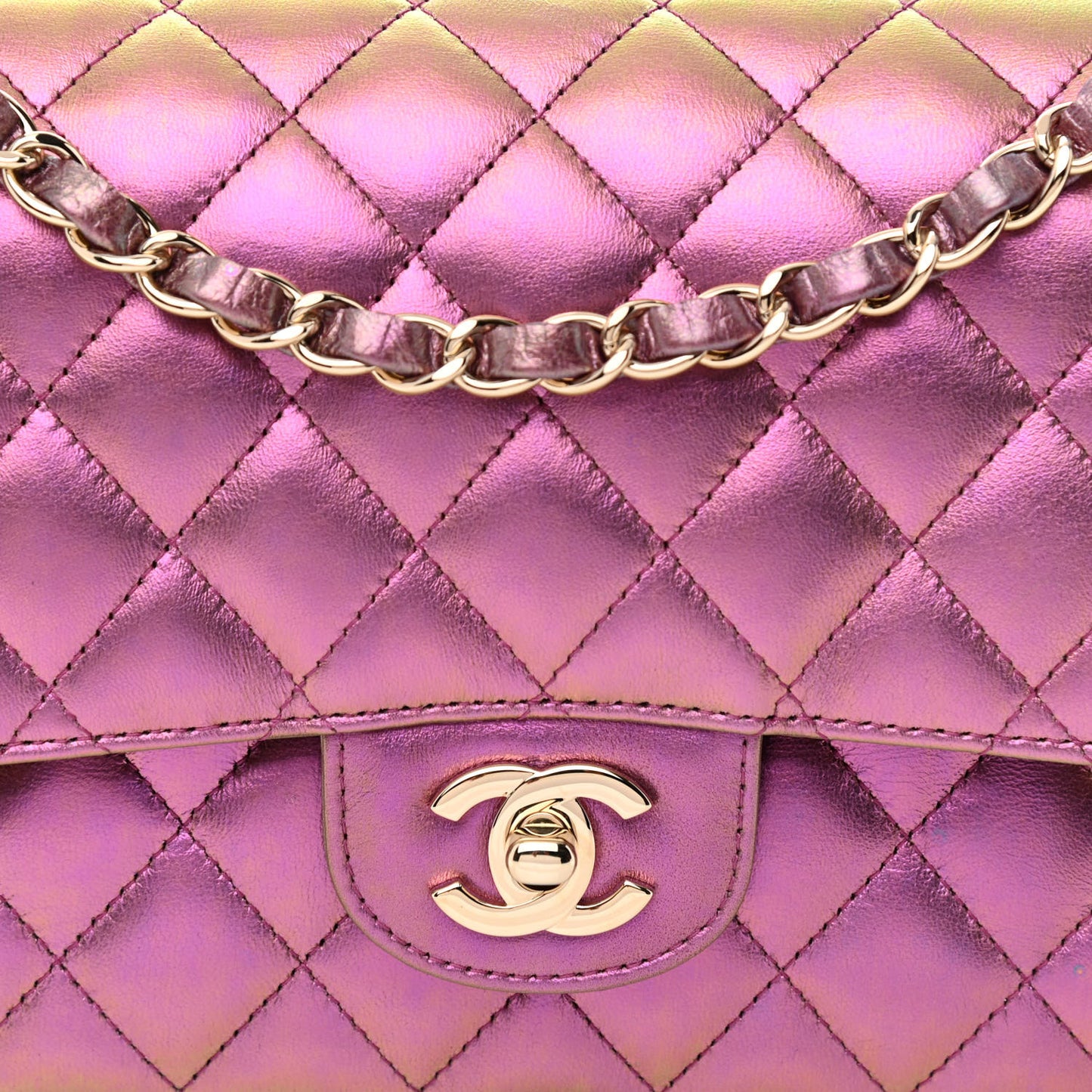 Iridescent Lambskin Quilted Medium Double Flap Purple