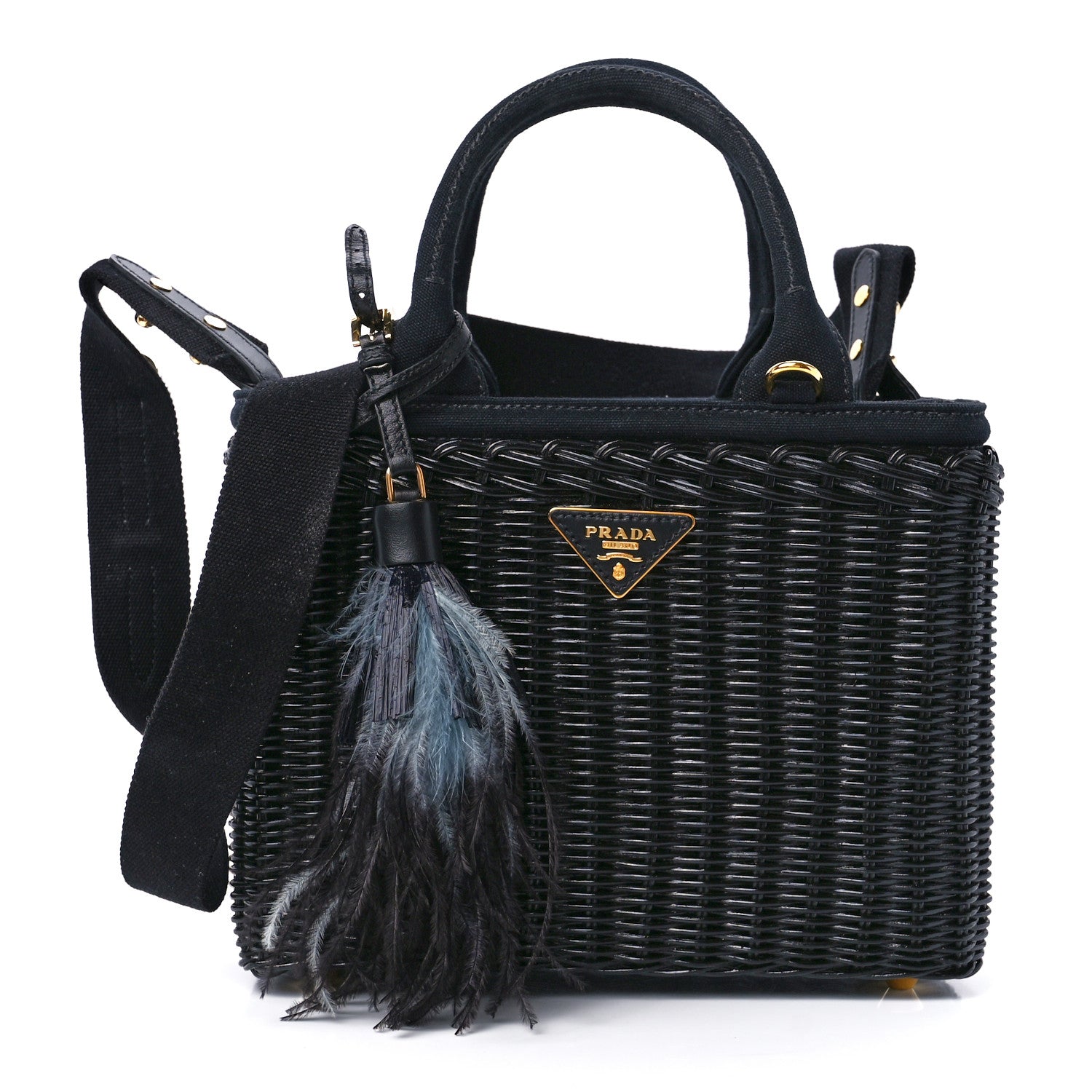 Prada Wicker Canvas Shoulder Bag Black 1 of 11