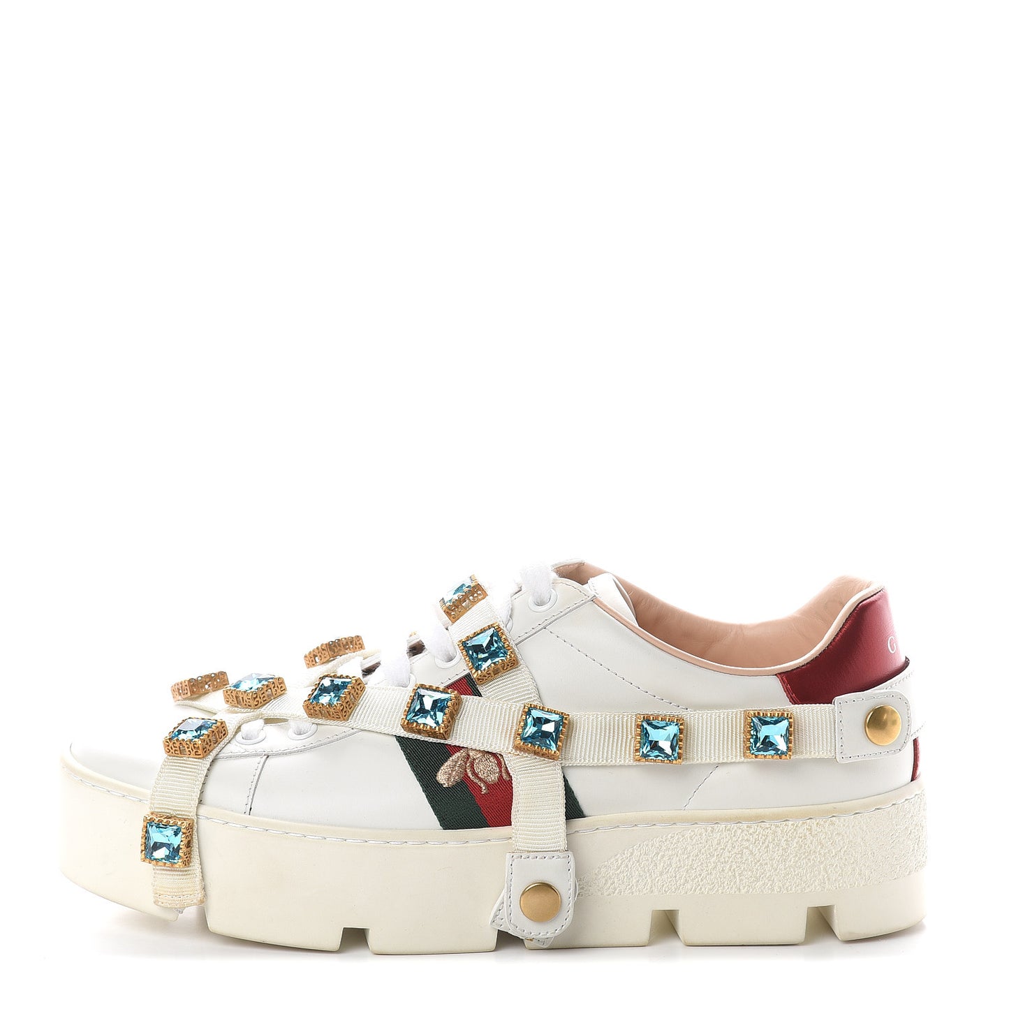 Calfskin Removable Crystals Bee Embroidered Womens Ace Platform Sneakers 37.5 White