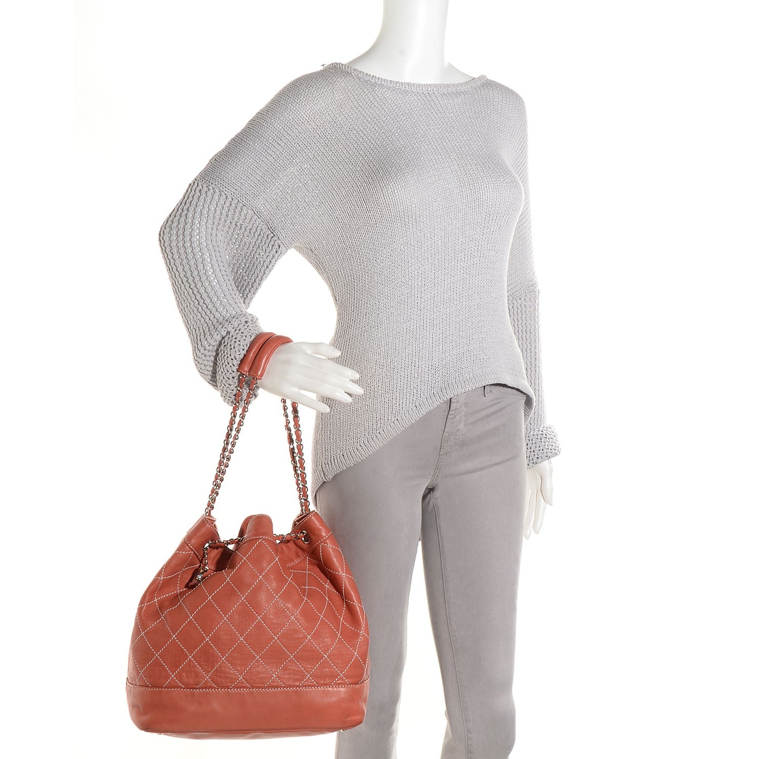 Chanel Lambskin Contrast Stitch Large Drawstring Tote Coral 2 of 7
