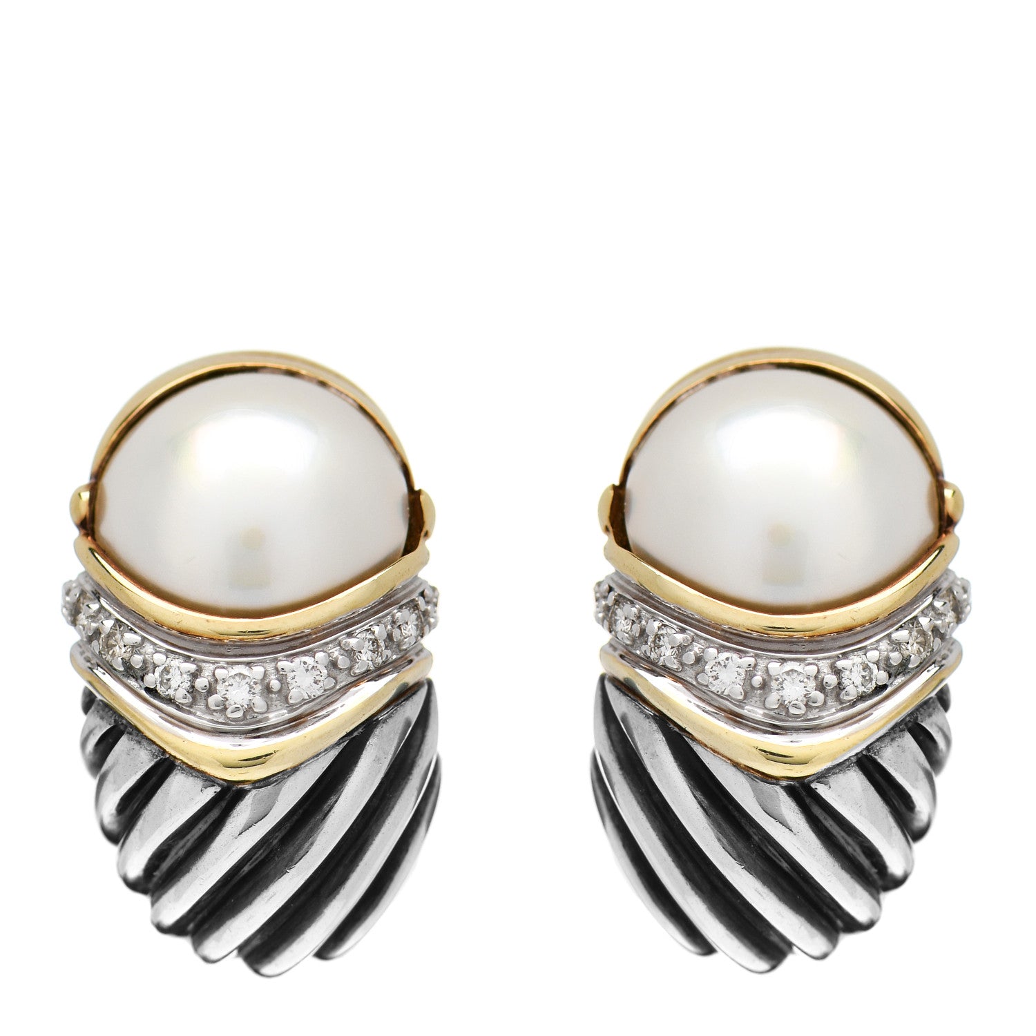 David Yurman Sterling Silver 14K Yellow Gold Diamond Pearl Shrimp Earrings 1 of 4