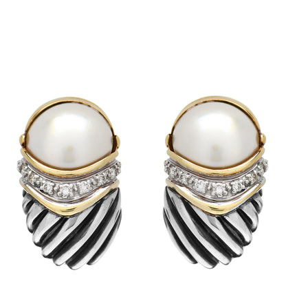 David Yurman Sterling Silver 14K Yellow Gold Diamond Pearl Shrimp Earrings 1 of 4