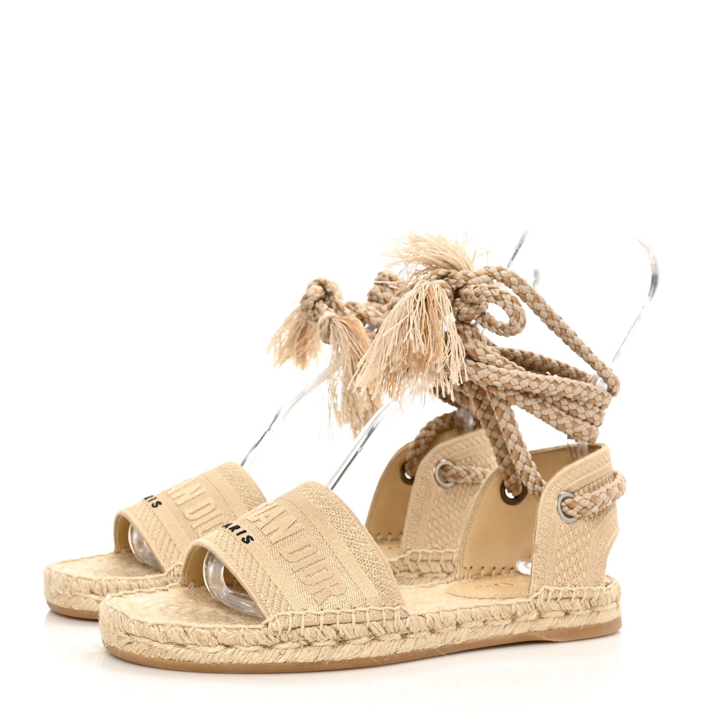 Canvas Embroidered Granville Ankle Tie Espadrille Flat Sandals 38 Cream