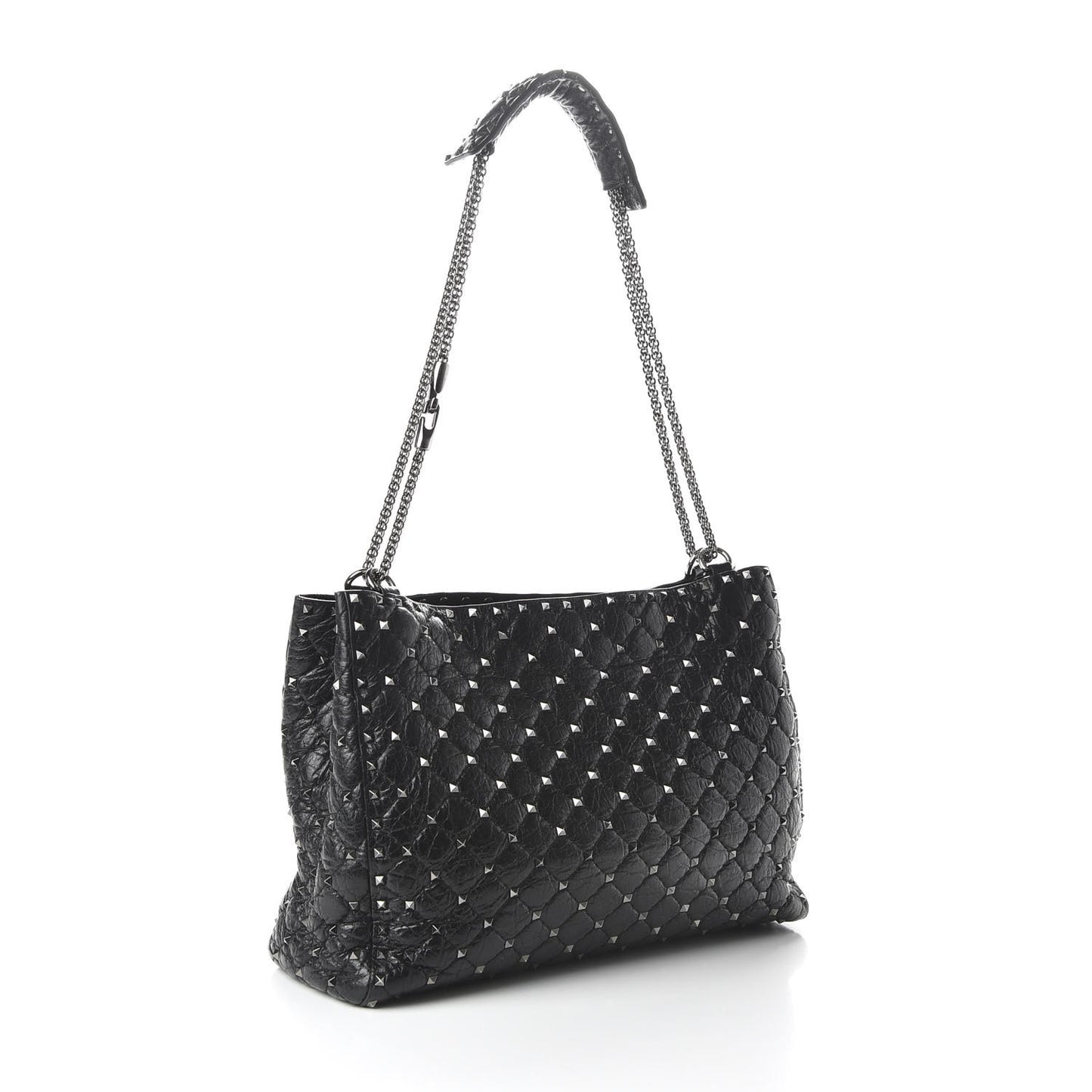 Craquele Nappa Rockstud Spike Shoulder Tote Black