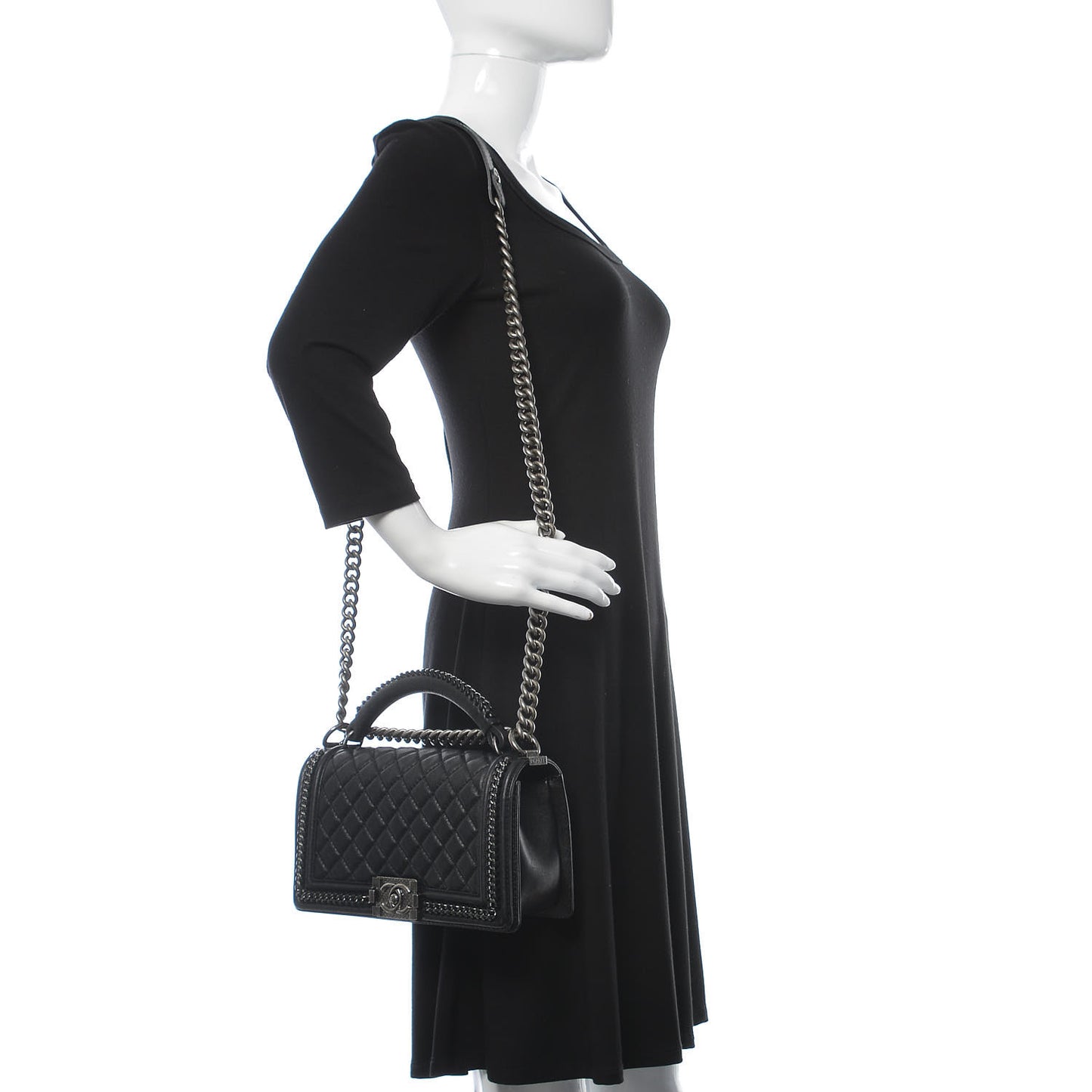 Calfskin Quilted Medium Boy Top Handle Flap Black
