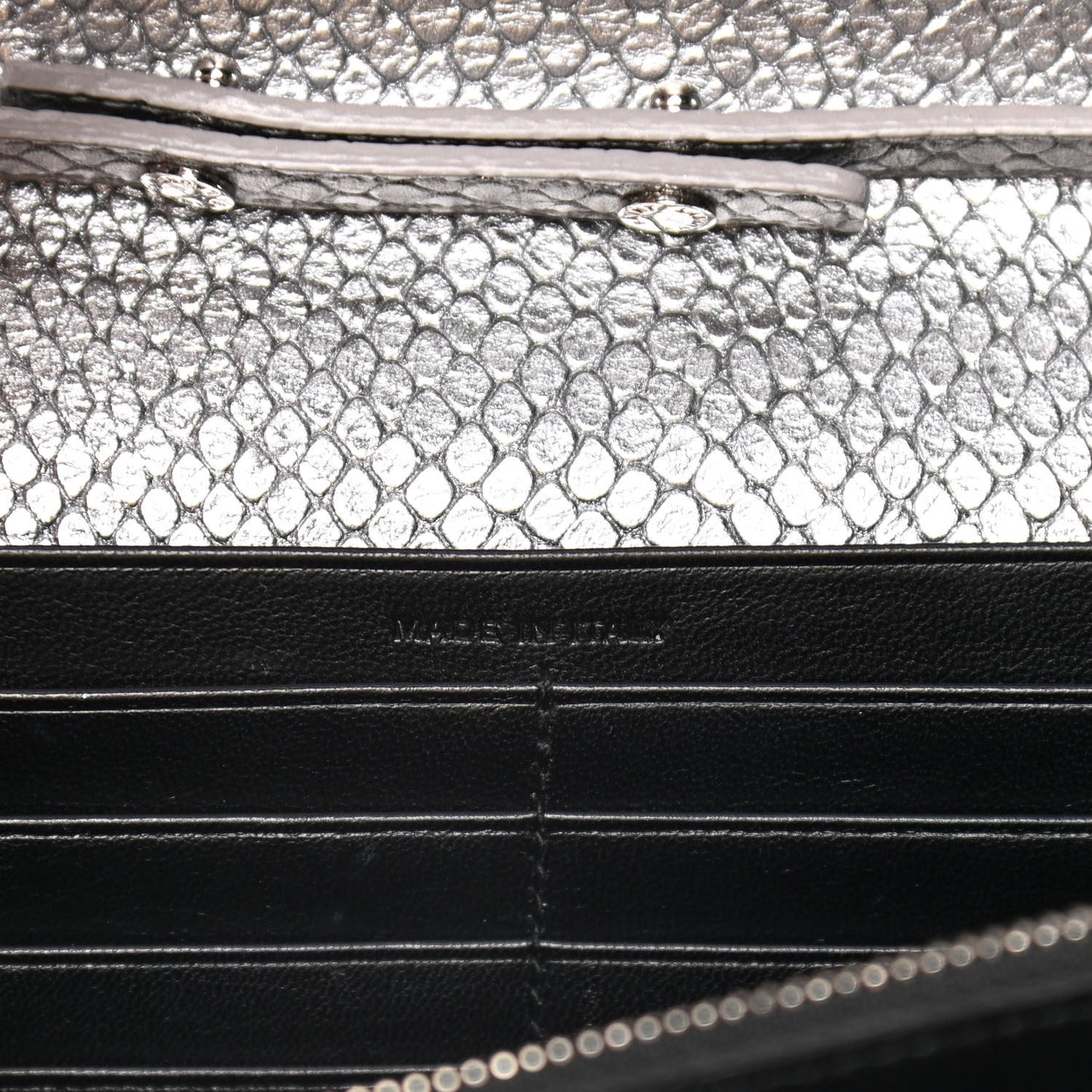 Metallic Calfskin Python Embossed Monogram Chain Wallet Silver