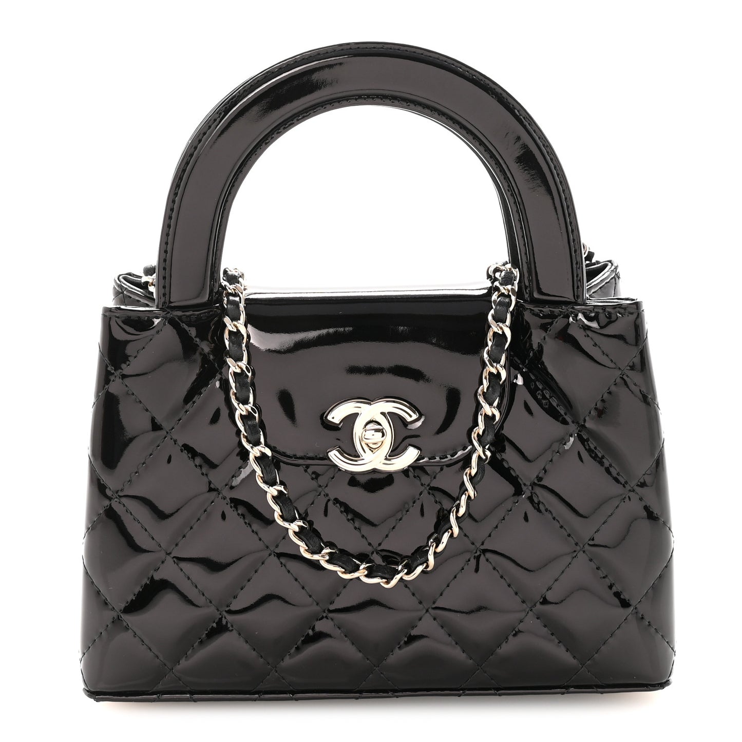 Patent Calfskin Quilted Nano Kelly Shopper Black
