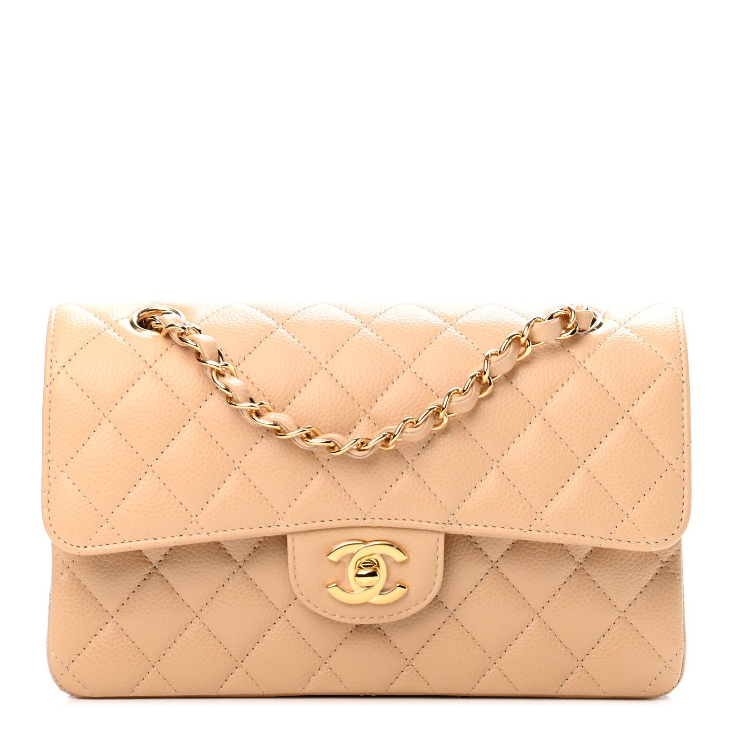 Caviar Quilted Small Double Flap Beige