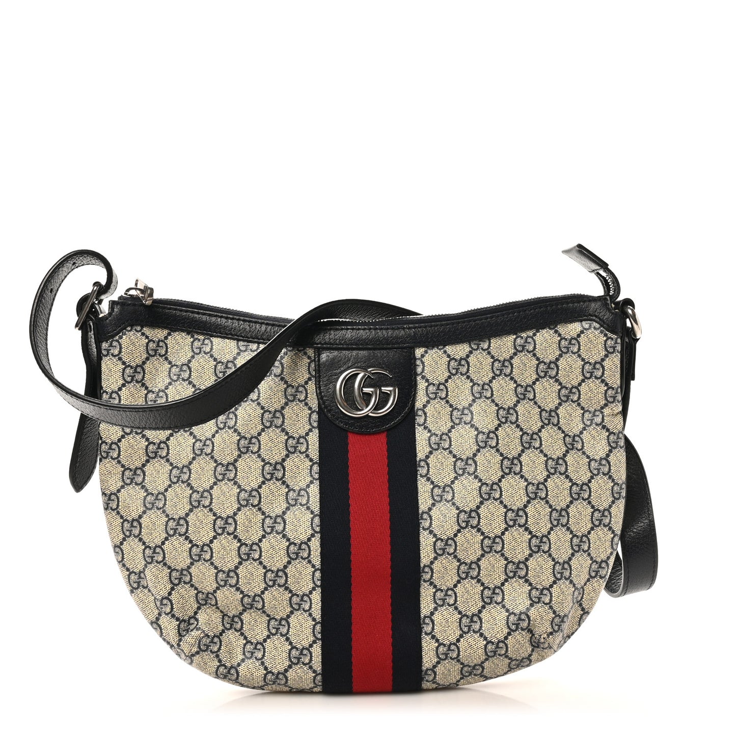 GG Supreme Monogram Textured Dollar Calfskin Web Small Ophidia Half Moon Hobo Beige Blue
