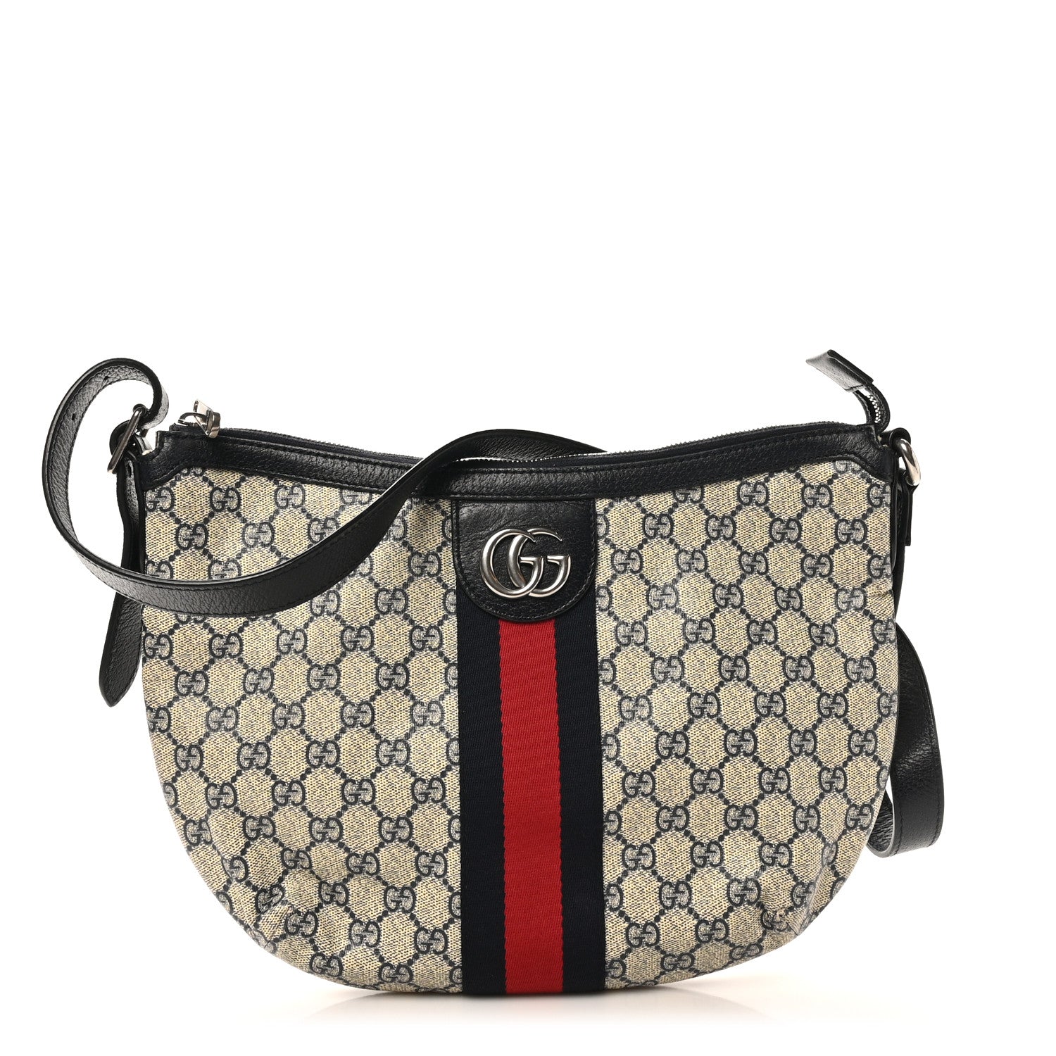 Gucci GG Supreme Monogram Textured Dollar Calfskin Web Small Ophidia Half Moon Hobo Beige Blue 1 of 10