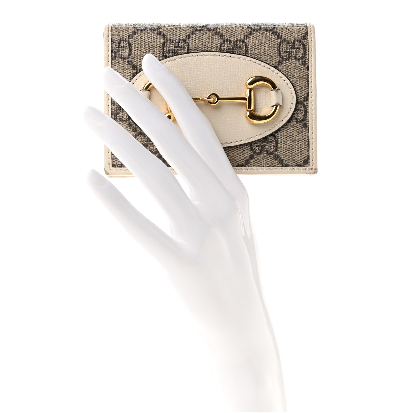 GG Supreme Monogram Azalea Calfskin Horsebit 1955 Card Case Wallet Beige Ebony Mystic White