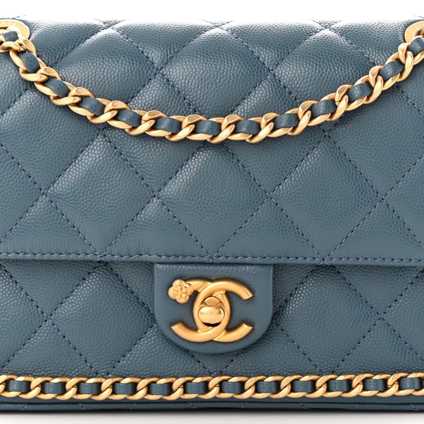 Caviar Quilted Camellia Chain Around Flap Blue