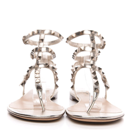 Valentino Garavani Metallic Nappa Rockstud Ankle Wrap Flat Thong Sandals 39 Platino 2 of 8