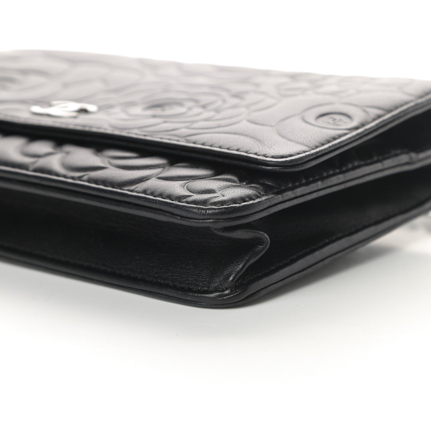 Lambskin Camellia Embossed Wallet on Chain WOC Black
