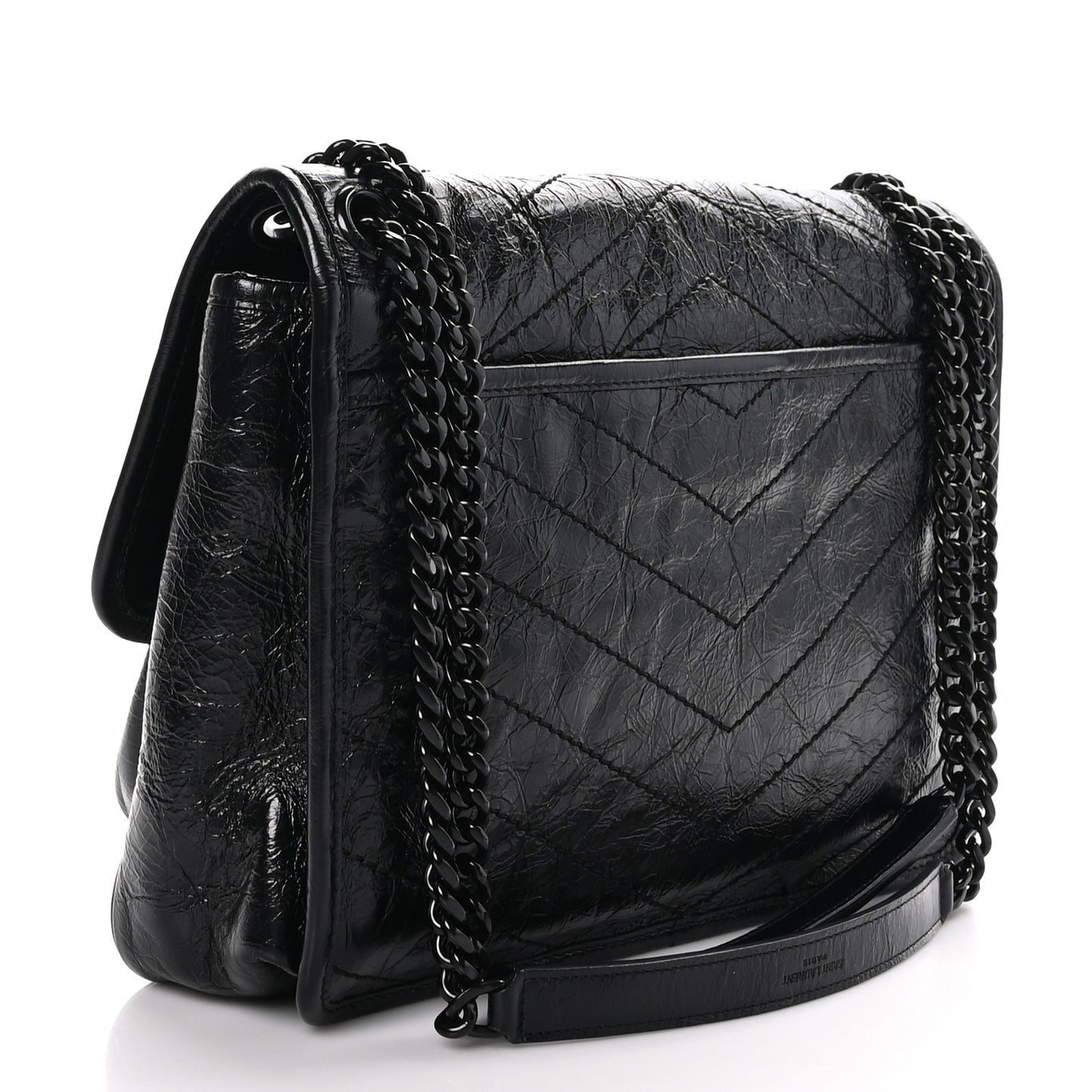 Crinkled Calfskin Matelasse Monogram Medium Niki Chain Satchel Black