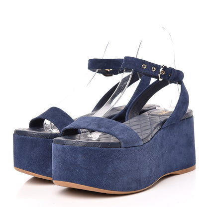 Chanel Suede Calfskin Platform Wedge Sandals 37.5 Blue 3 of 9