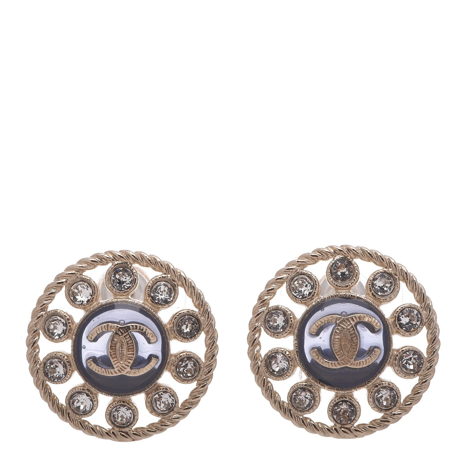 Chanel Crystal CC Round Earrings Blue Light Gold 1 of 5