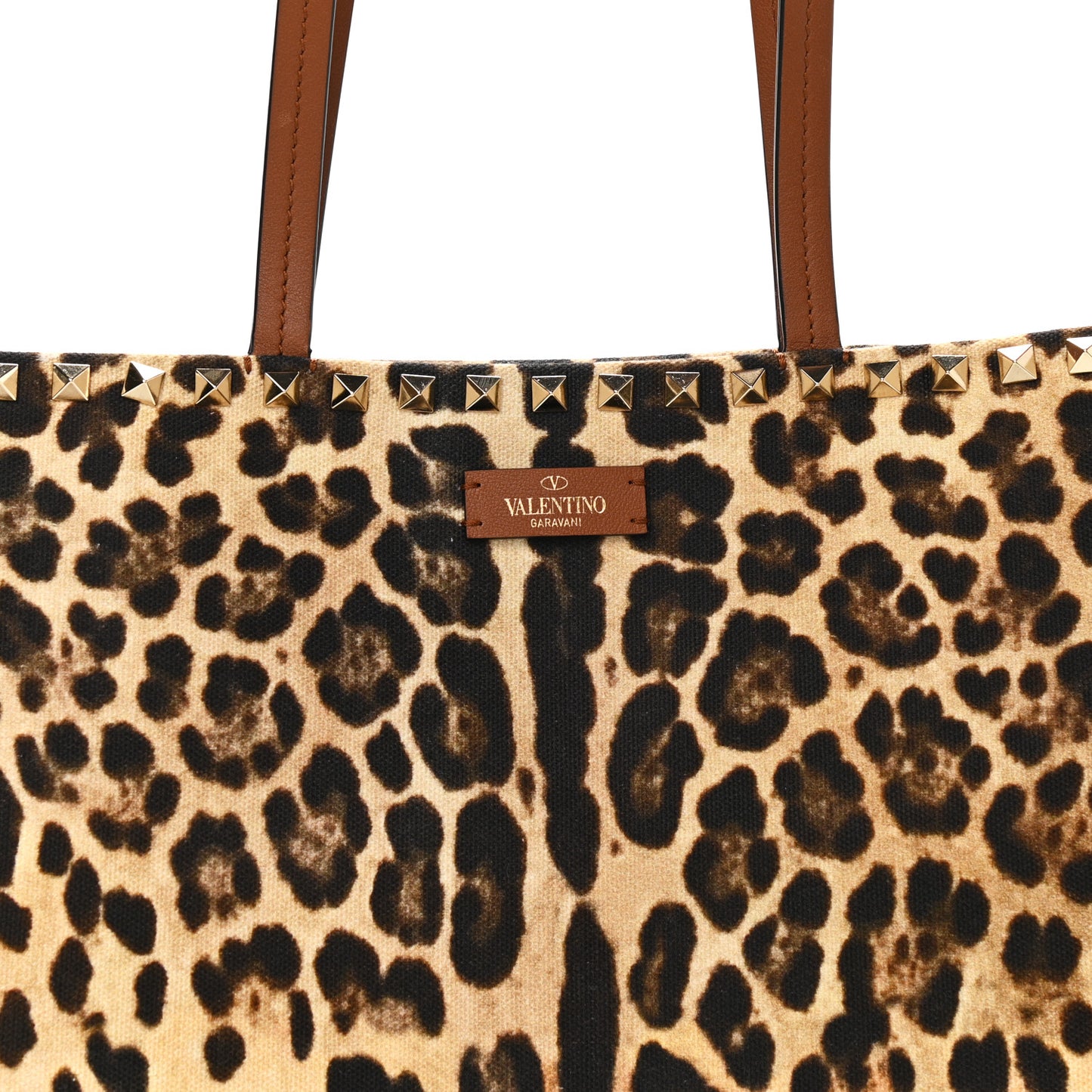 Canvas Nappa Leopard Print Rockstud Tote Brown
