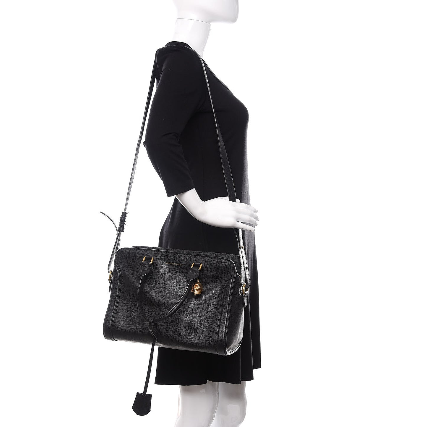 Pebbled Calfskin Small Skull Padlock Zip Around Tote Black
