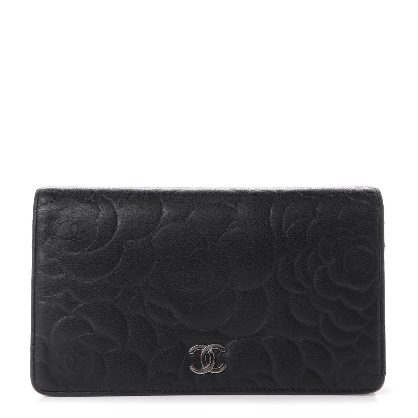 Lambskin Camellia Embossed Yen Wallet Black
