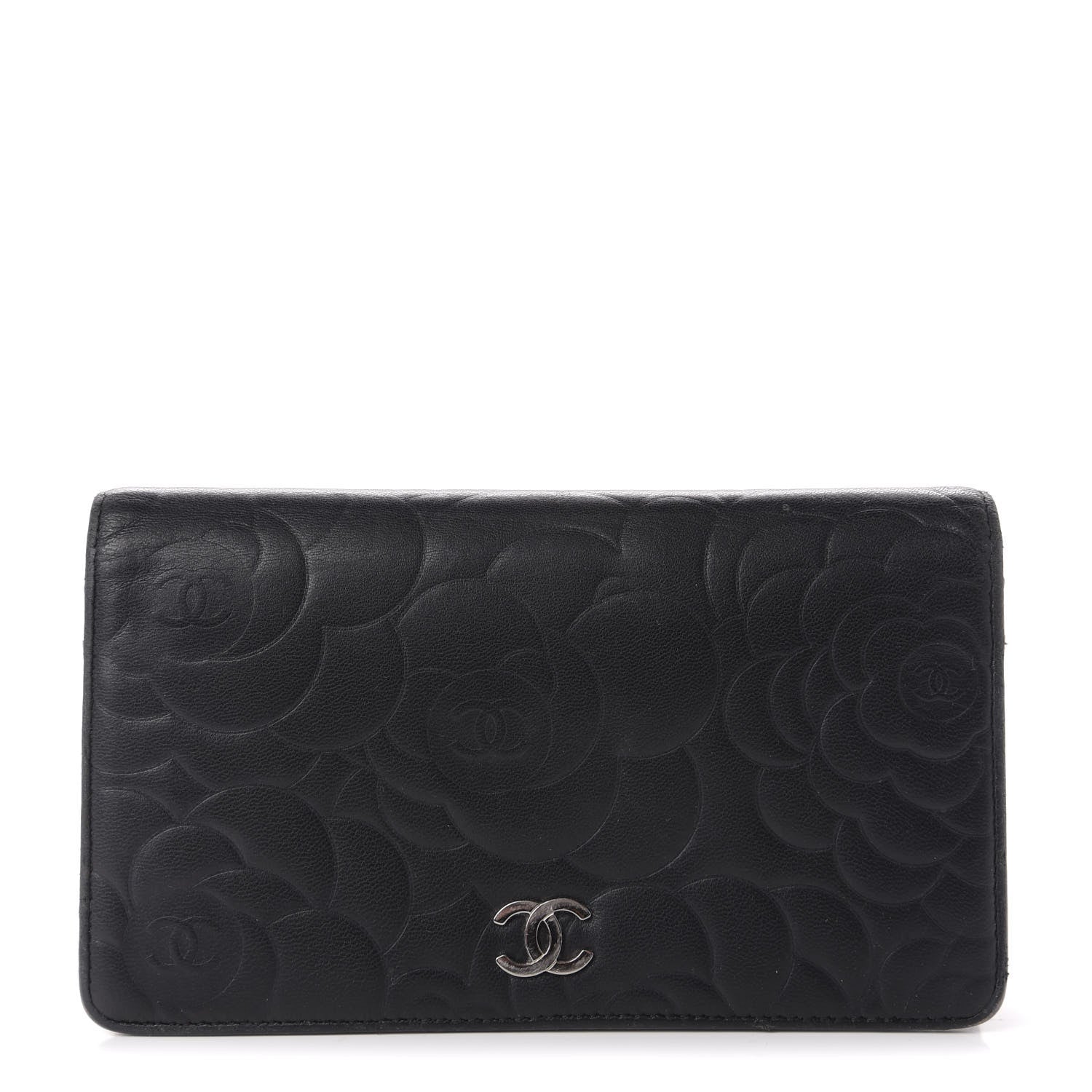 Chanel Lambskin Camellia Embossed Yen Wallet Black 1 of 12