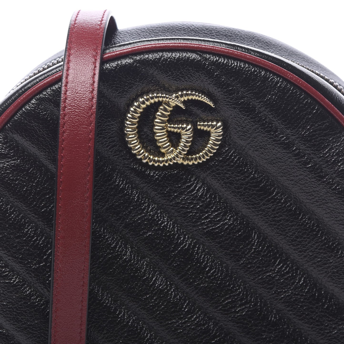 Vintage Effect Calfskin Matelasse Diagonal Mini Torchon GG Marmont Round Shoulder Bag Black Romantic Cherry