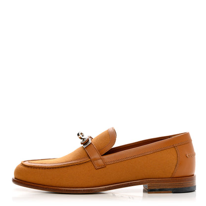Hermes Calfskin Canvas Womens Destin Loafer 38 Naturel Beige Dore 1 of 12