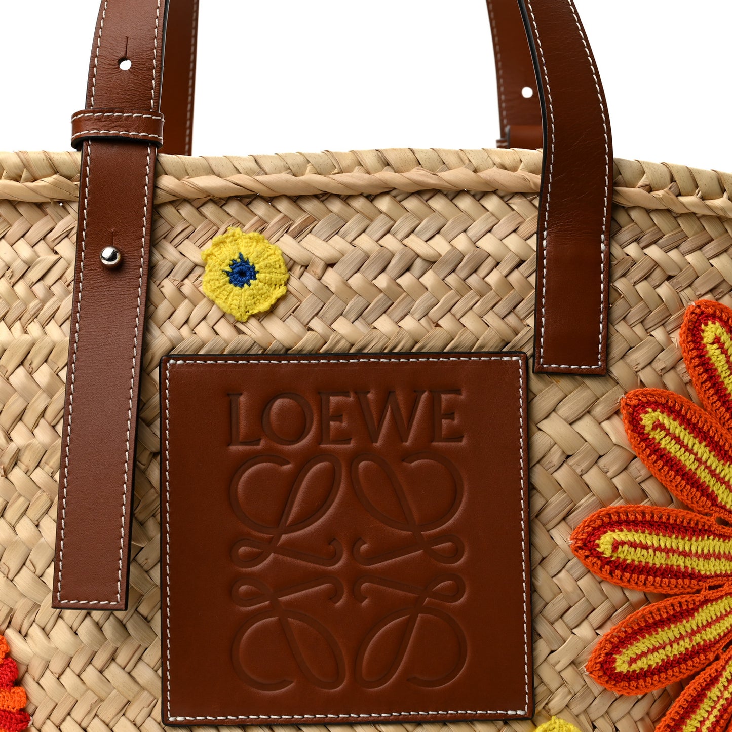 Raffia Floral Embroidered Small Basket Tote Bag Natural Tan