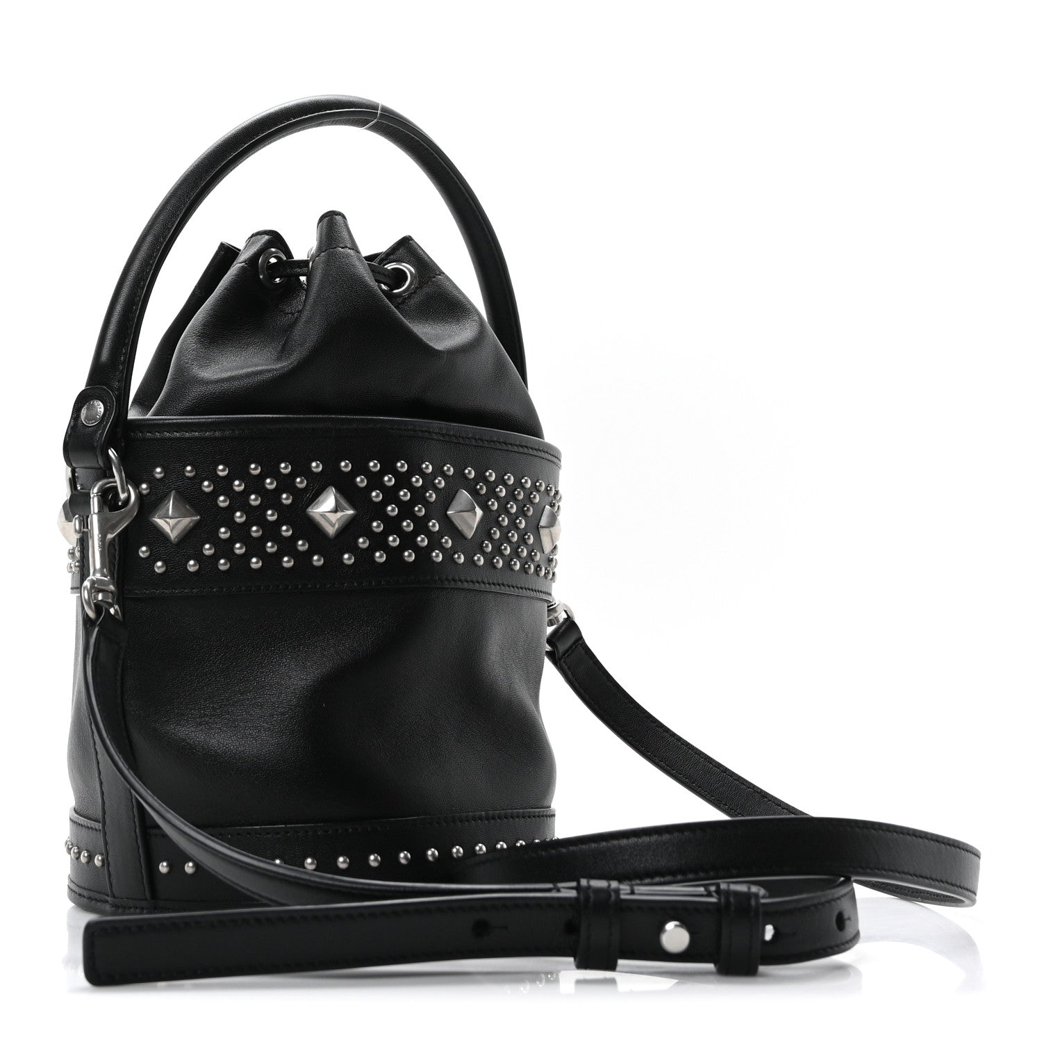 Saint Laurent Smooth Calfskin Studded Small Bahia Drawstring Bucket Bag Black 3 of 9
