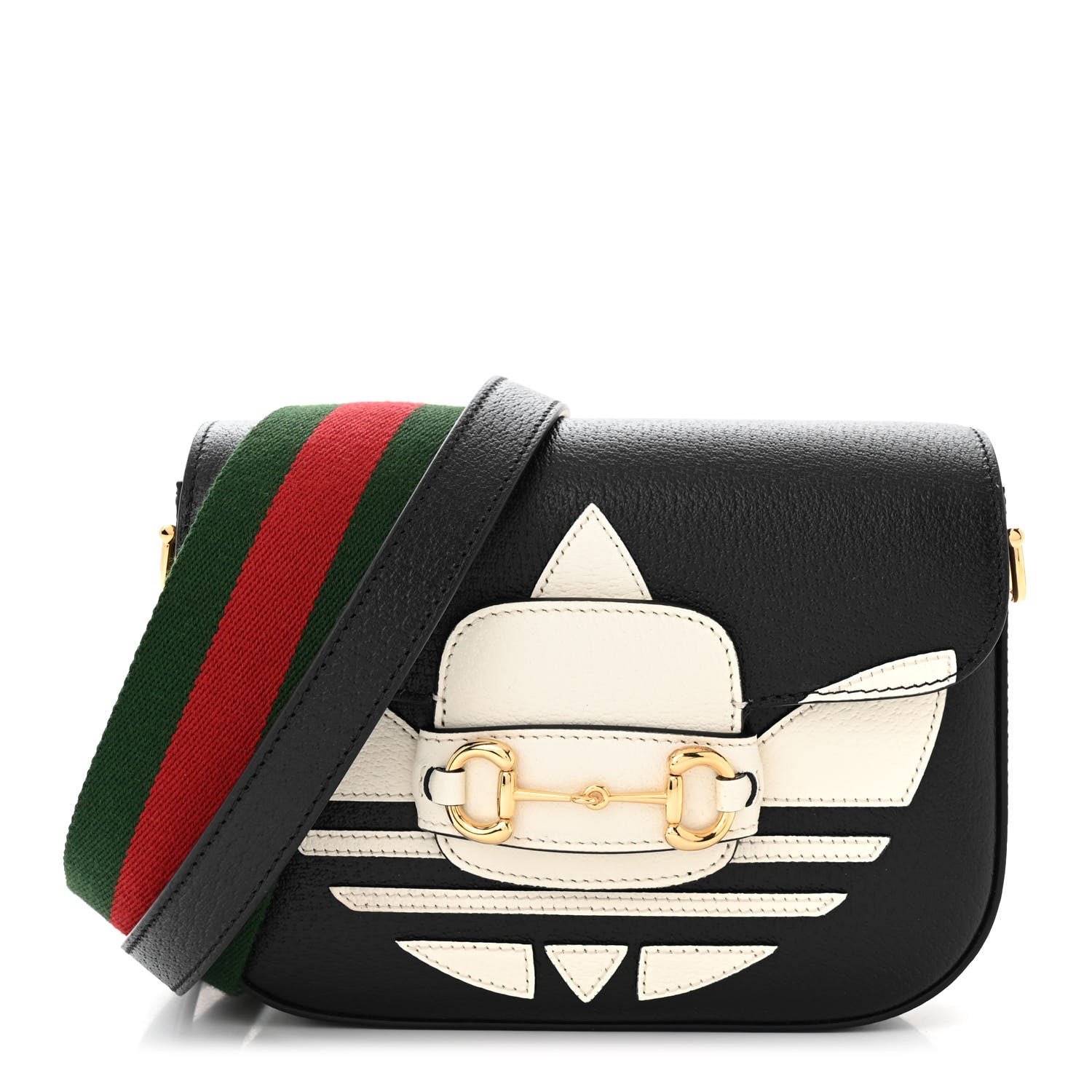 Gucci X ADIDAS Textured Dollar Calfskin Web Trefoil Mini Horsebit 1955 Shoulder Bag Black Off White 1 of 10