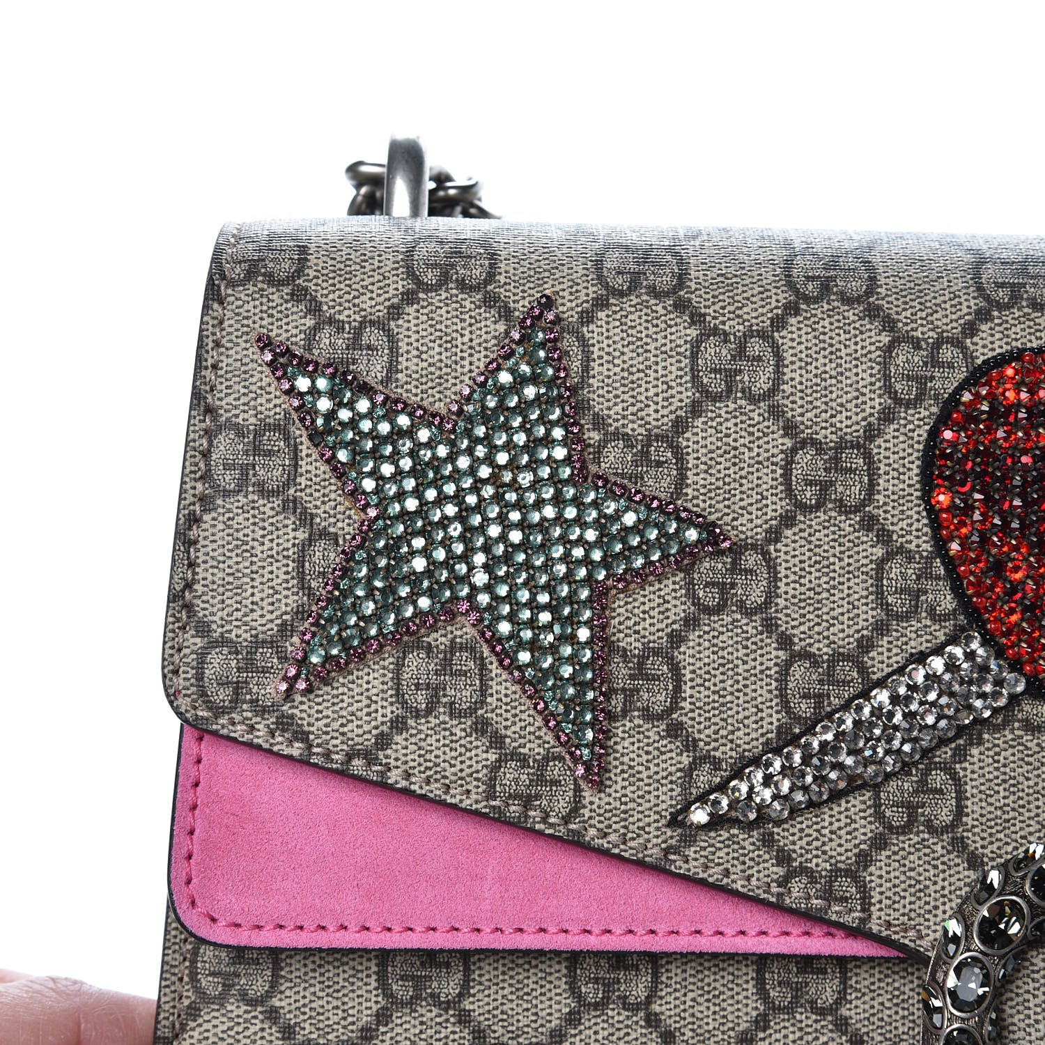 Gucci GG Supreme Monogram Suede Pierced Heart Embroidered Medium Dionysus Shoulder Bag Beige Ebony Pink Tropical Flower 16 of 18