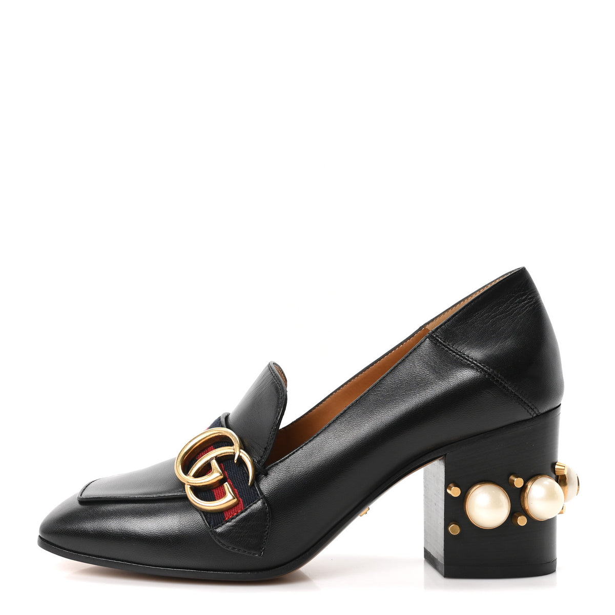 Gucci Malaga Kid Web Pearl Embellished Peyton 75mm Loafer Pumps 37 Black 1 of 10