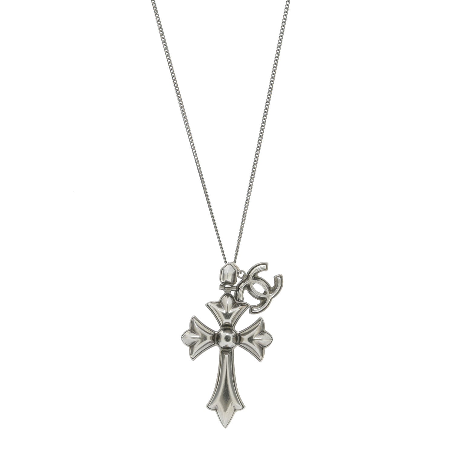 Chanel CC Cross Pendant Necklace Silver 1 of 6