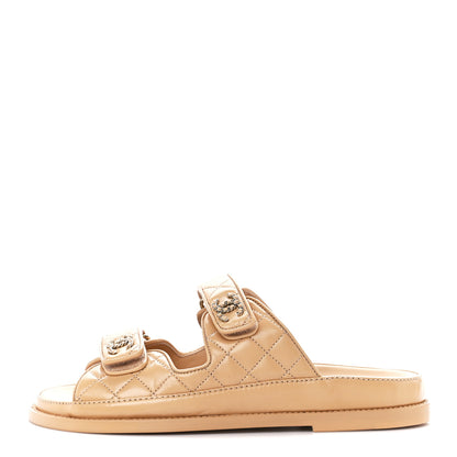Chanel Lambskin Quilted Velcro Dad Chain CC Slide Sandals 38 Beige 1 of 10
