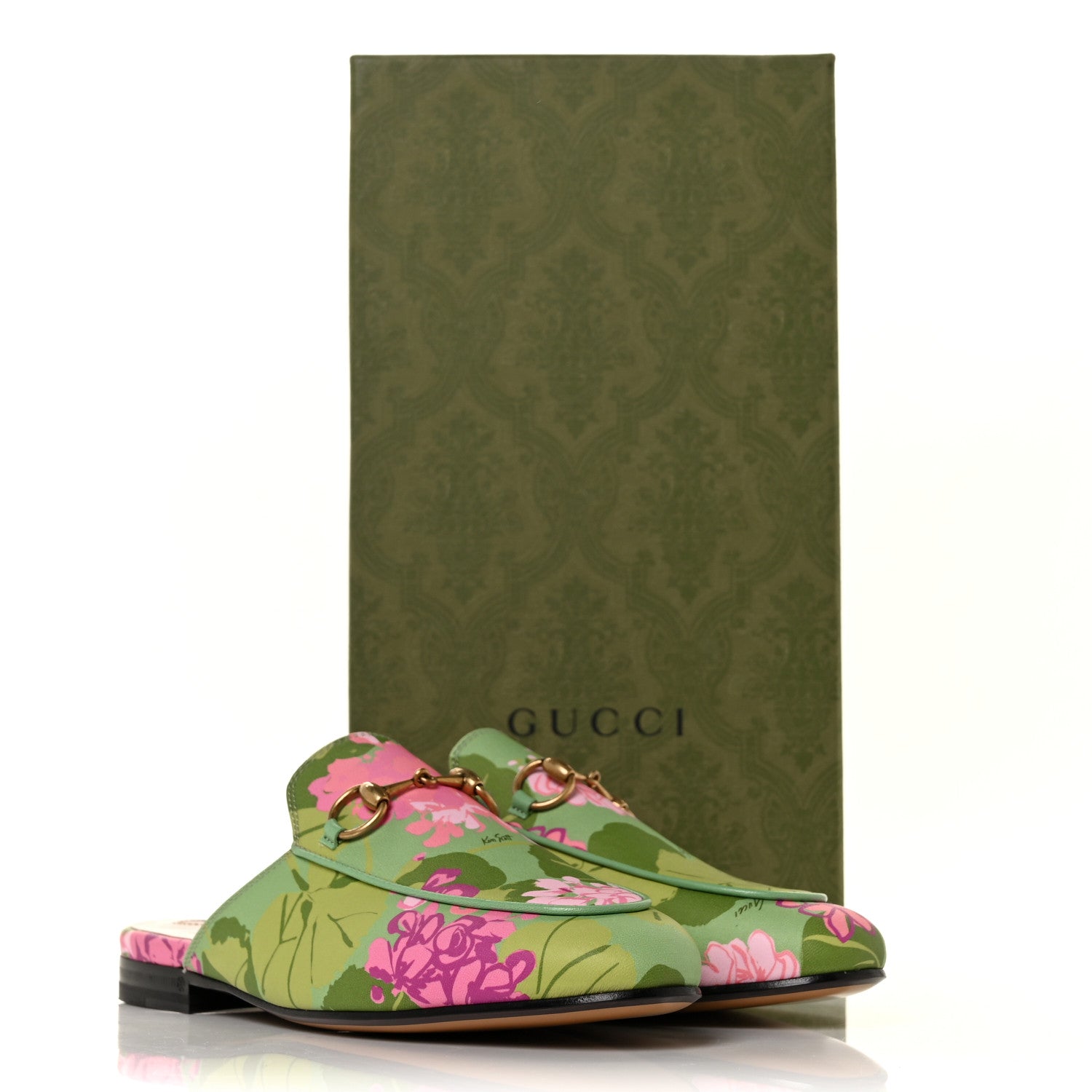 Gucci X KEN SCOTT Malaga Kid Floral Women's Princetown Slippers 35.5 Green Lilac Water Plant 10 of 10