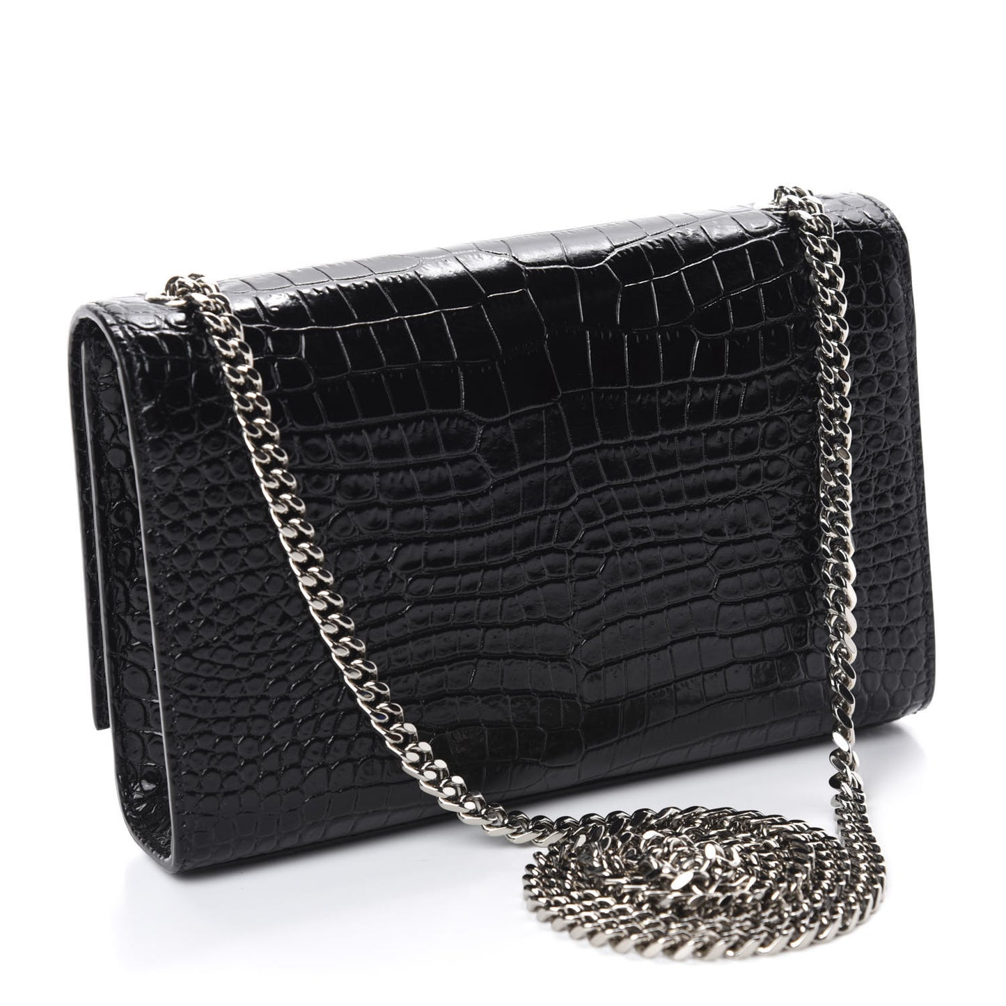 Calfskin Crocodile Embossed Small Classic Monogram Kate Tassel Satchel Black