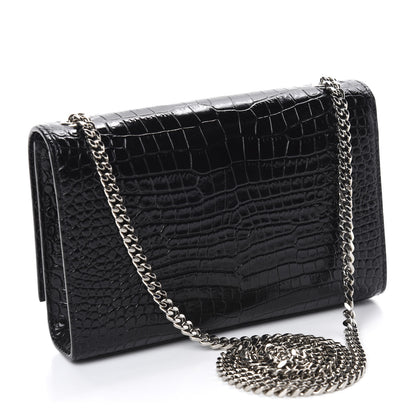 Saint Laurent Calfskin Crocodile Embossed Small Classic Monogram Kate Tassel Satchel Black 3 of 10