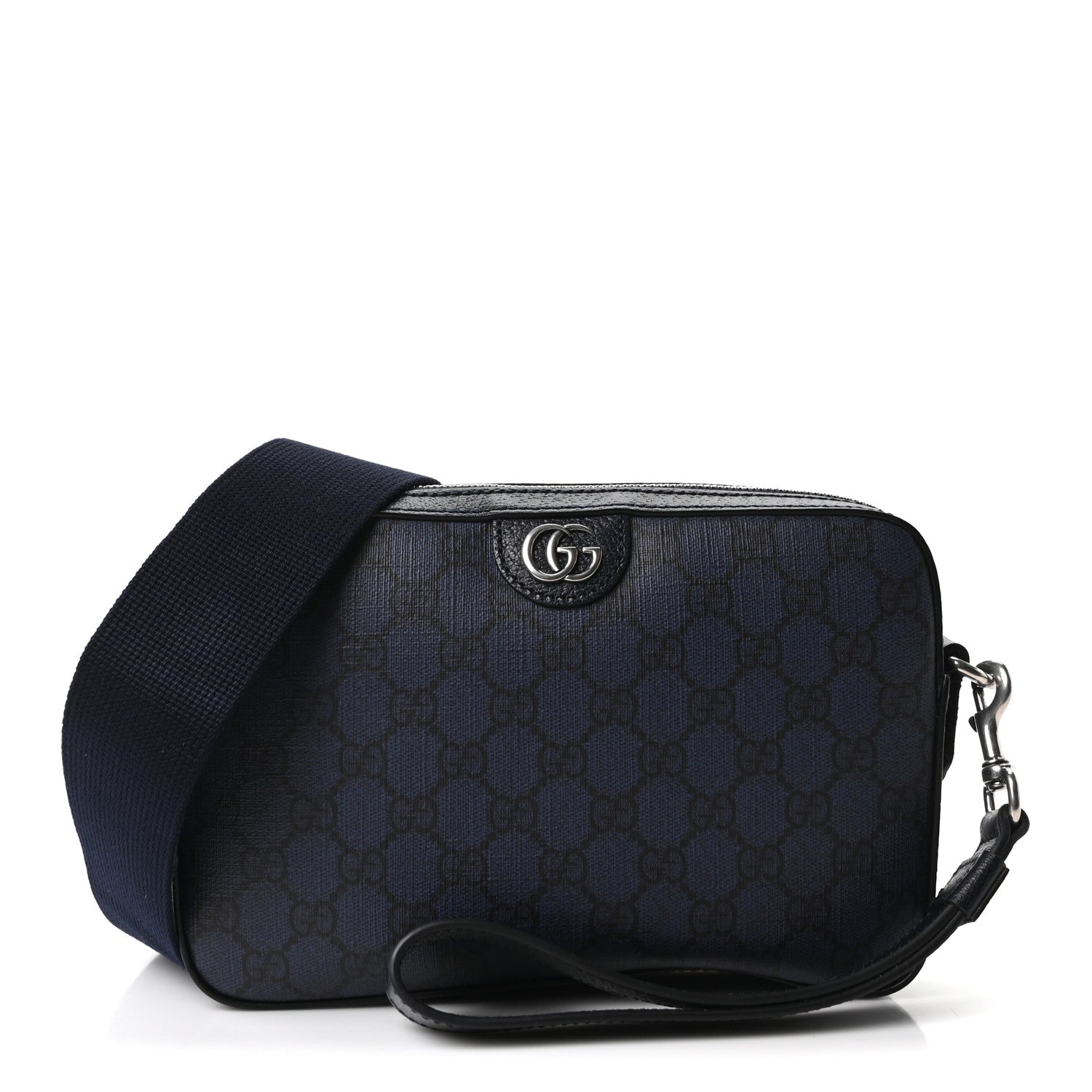 Gucci GG Supreme Monogram Textured Dollar Calfskin Web Ophidia Wristlet Shoulder Bag Black Blue 1 of 10