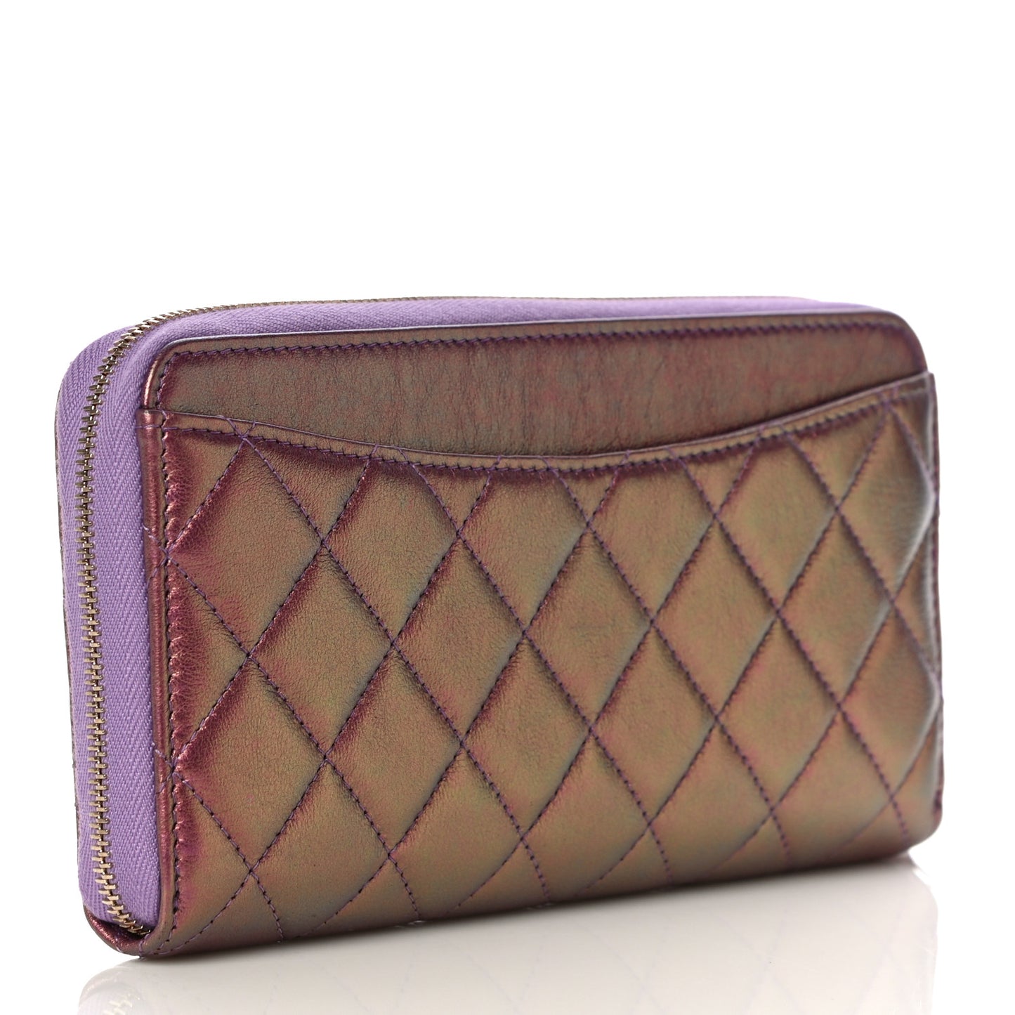 Iridescent Lambskin Quilted Large Gusset Zip Around Wallet Purple