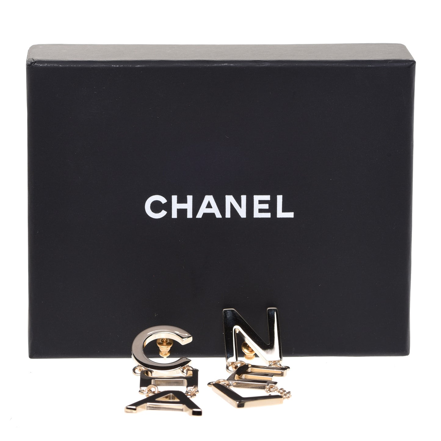 Metal Cha-Nel Logo Drop Earrings Gold