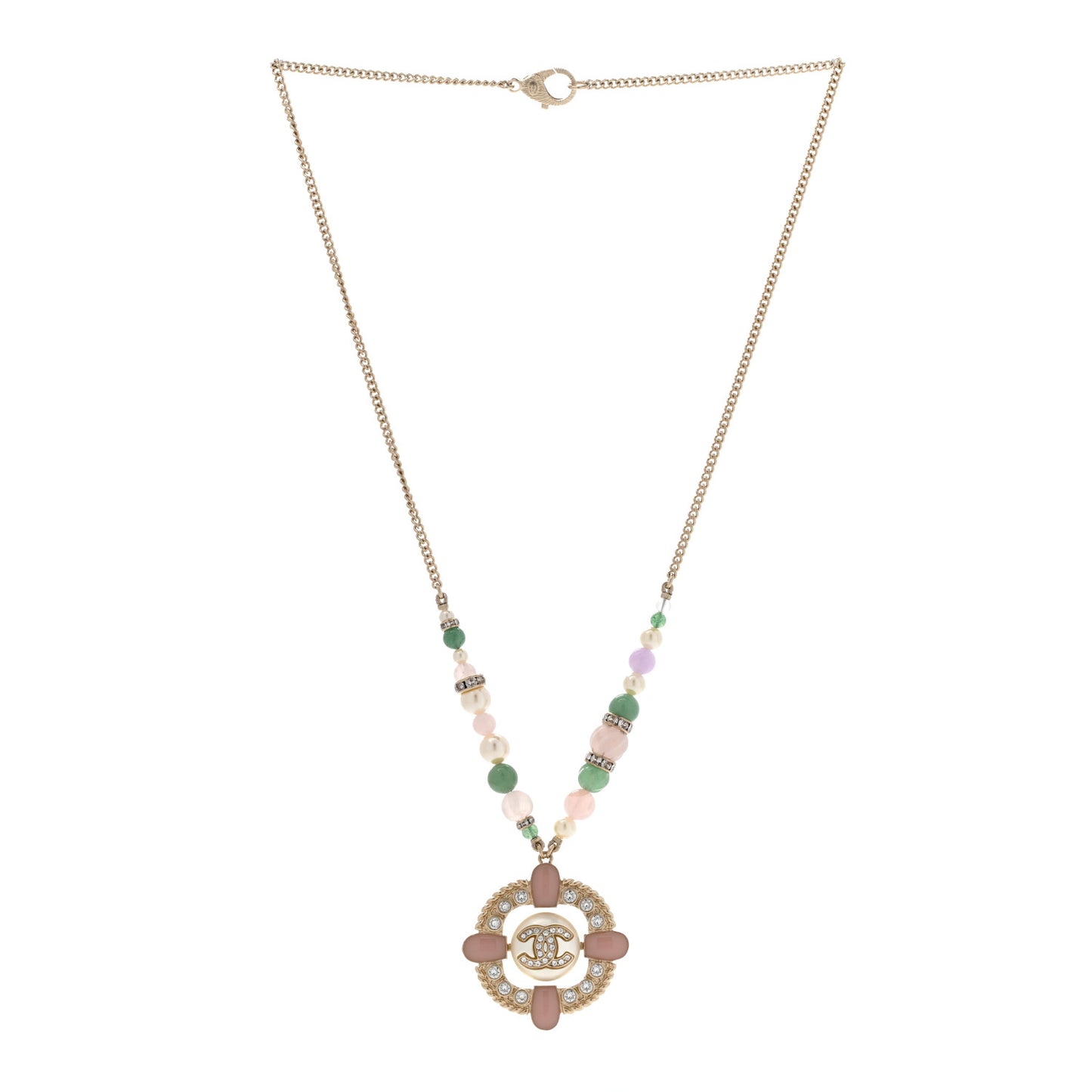 Crystal Resin Pearl Beaded CC Pendant Necklace Green White Pink