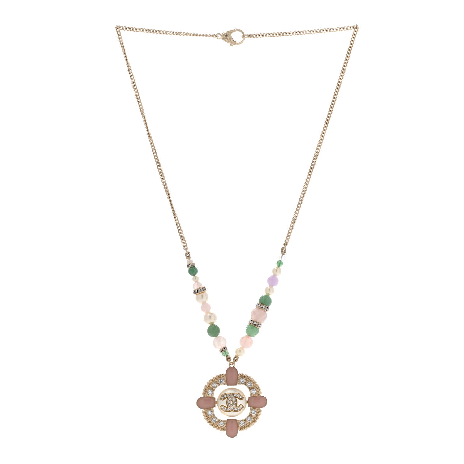 Chanel Crystal Resin Pearl Beaded CC Pendant Necklace Green White Pink 3 of 8