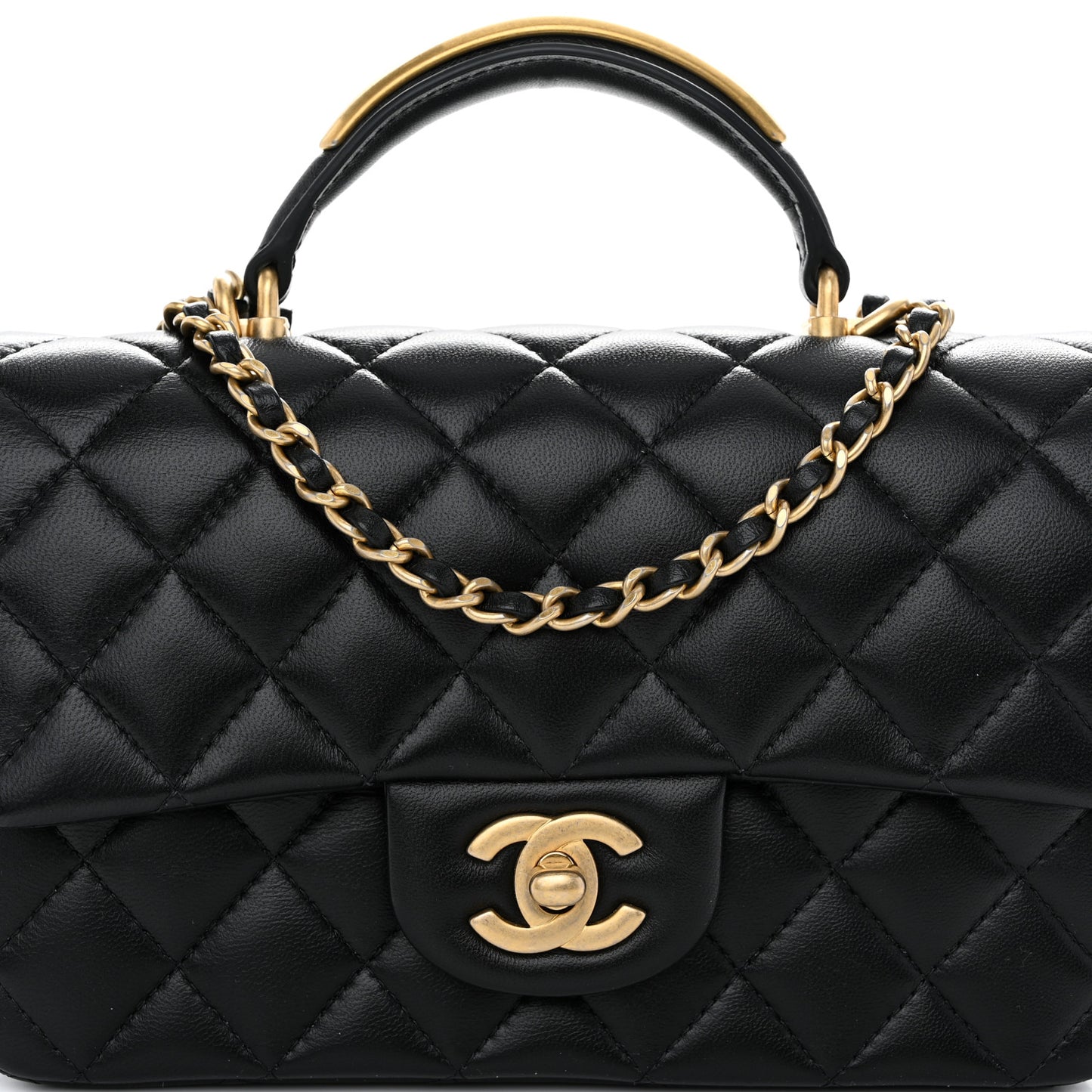 Lambskin Quilted Metal Mini Top Handle Rectangular Flap Black